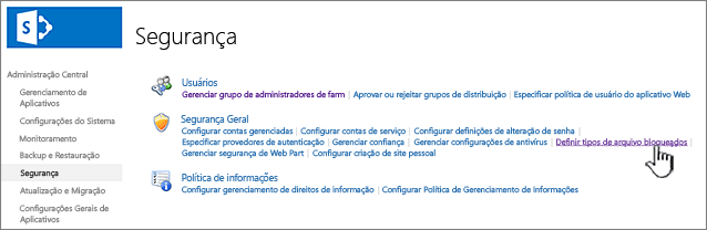 Definir ficheiros bloqueados a partir da segurança da administração central