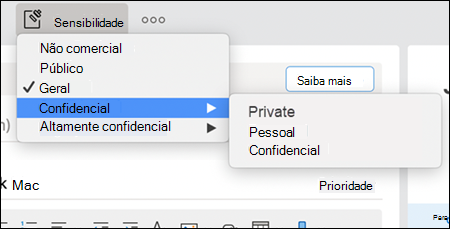 Um exemplo de possíveis opções de confidencialidade de lista suspensa no Outlook.