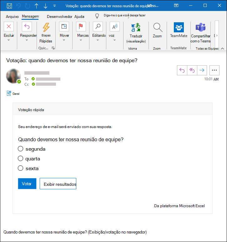 Microsoft Forms sondagem em uma mensagem de email do Outlook