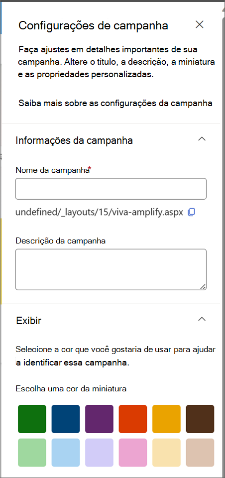 Captura de tela da parte superior do painel Configurações de campanha.