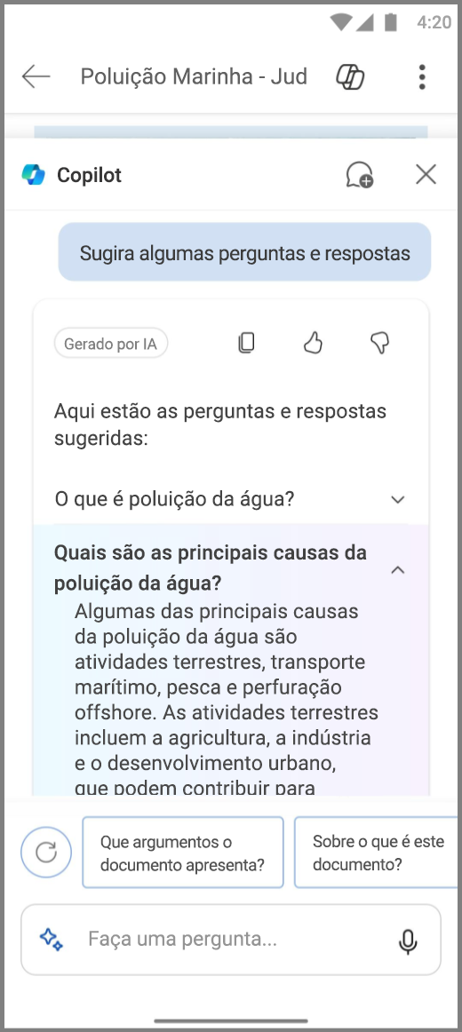 Captura de tela do Copilot no Word em um dispositivo Android com a resposta Sugerida de Perguntas e Respostas.
