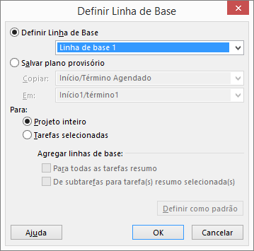 Captura de tela da caixa de diálogo Definir Linha de Base.
