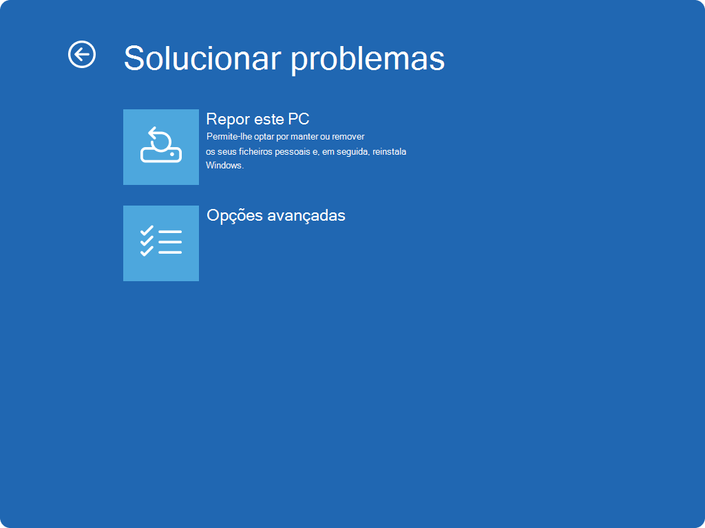 Captura de ecrã do ecrã Windows RE - Resolução de problemas.