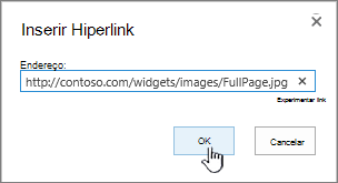 Caixa de diálogo hiperlink com endereço Web e botão OK realçado