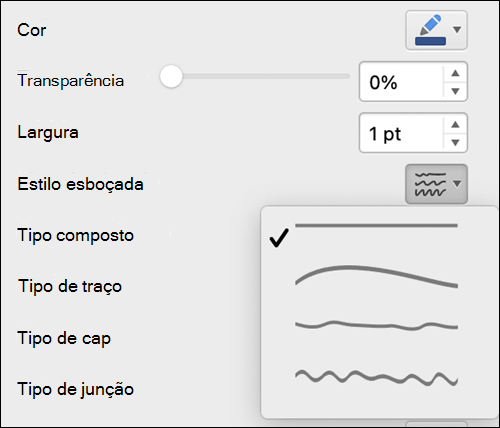 Opções de formato de linha no Mac com estilo de esboço selecionado