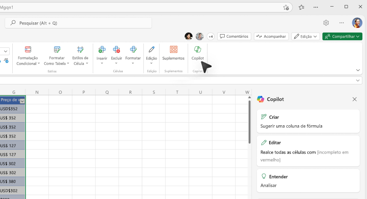 Captura de tela de onde selecionar o botão do Copilot na faixa de opções do Excel.