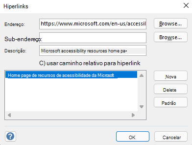 A caixa de diálogo Hiperlinks no Visio para Windows.