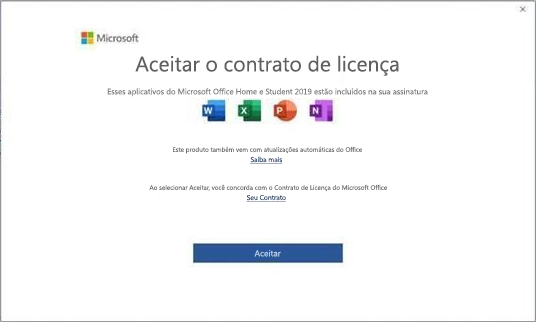 Contrato de licença de usuário final do Microsoft Office 2019.