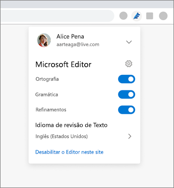 Extensão do Microsoft Editor mostrando o menu suspenso do navegador com configurações para ativar e desativar opções
