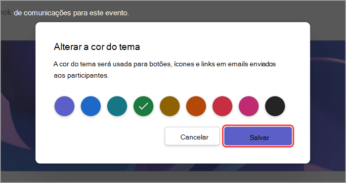 Captura de tela da interface do usuário realçada mostrando como alterar a cor do tema de uma reunião geral