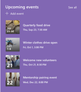 Captura de tela da Web Part de Eventos