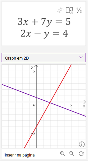 captura de tela do grafo gerado pelo assistente de matemática mostrando as equações 3 x mais 7 y iguais a 5 e 2 x menos y igual a 4. o grafo mostra duas linhas interseccionais, uma roxa e outra vermelha.