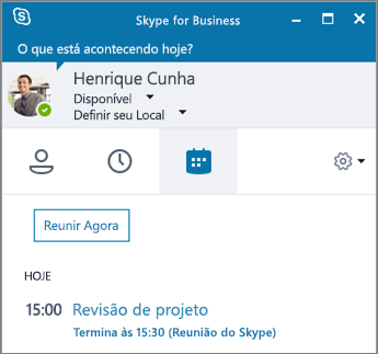 Captura de tela da guia Reuniões da janela do Skype for Business.
