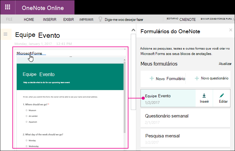 Inserir um formulário da lista de formulários no painel formulários do OneNote