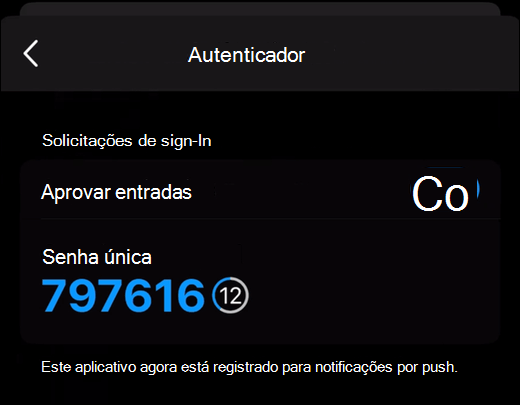 Uma senha única mostrada na guia Autenticador do Outlook mobile