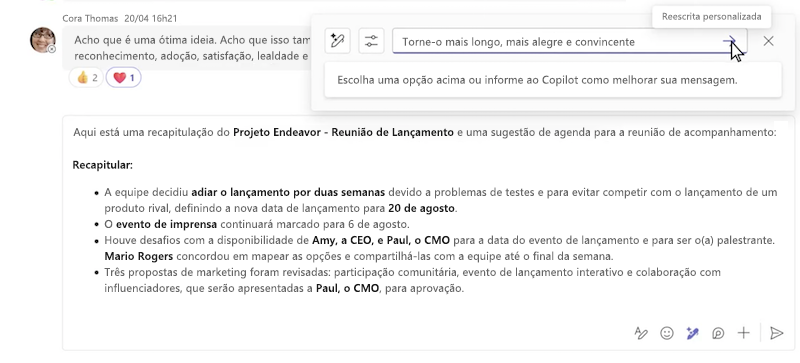 Reescrita personalizada de uma mensagem usando o Copilot no chat do Microsoft Teams.