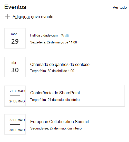 Entrada de Web Part de eventos de exemplo para site de Hub moderno no SharePoint Online