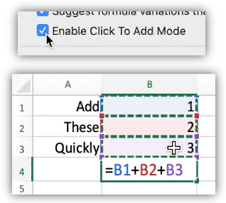 Captura de tela mostrando a preferência do Modo Clique para Adicionar e algumas células com uma fórmula simples adicionando algumas das células.