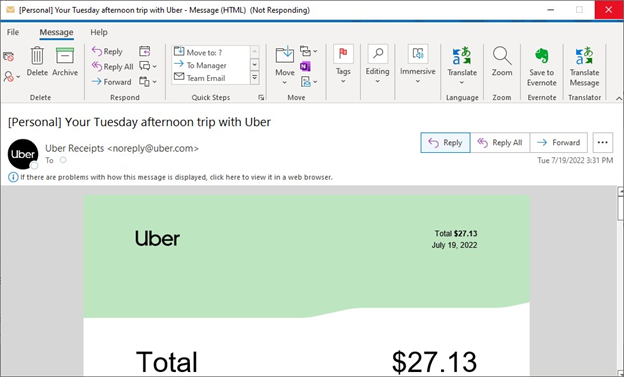 Captura de tela do Outlook para de exibir o email de recibo do Uber