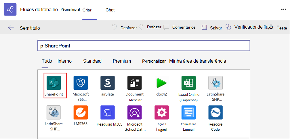 captura de ecrã da seleção da aplicação sharepoint