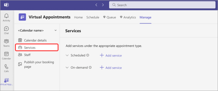 Captura de tela dos Serviços na guia Gerenciar para Compromissos virtuais
