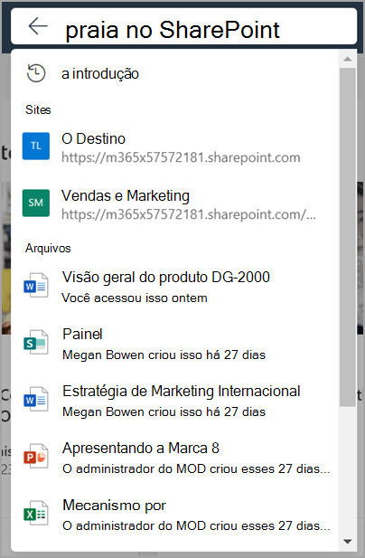 Caixa de pesquisa do Microsoft SharePoint com lista suspensa expandida quando o foco vem na caixa de pesquisa.