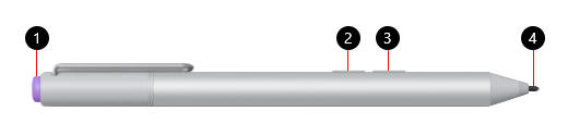 Imagem que chama os diferentes botões no Surface Pen com clipe.