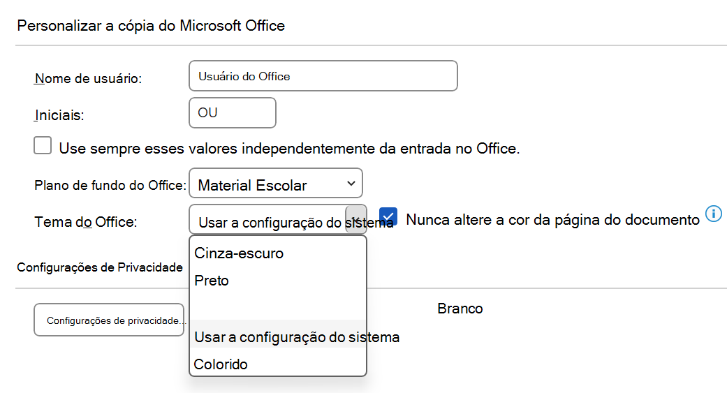 A seleção suspensa do Tema do Office expandida na caixa de diálogo Opções.