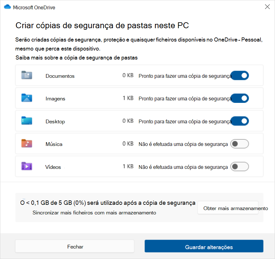 Captura de ecrã a mostrar a Cópia de Segurança do OneDrive no Windows 10.