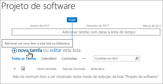 Linha do tempo de tarefas, clique em Novo + para adicionar tarefas