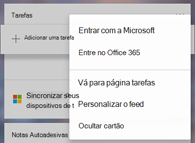 Captura de tela mostrando a opção de entrar com a Microsoft ou o Office 365 no menu mais tarefas cartão mais
