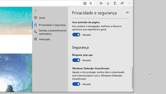 Configurações do Microsoft Edge mostrando como bloquear pop-ups