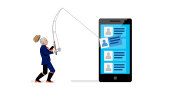 Conceitual: Uma pessoa com uma vara de pescar puxando dados de um smartphone.