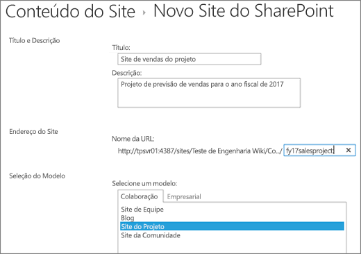 Tela de criação de subsite do SharePoint 2016