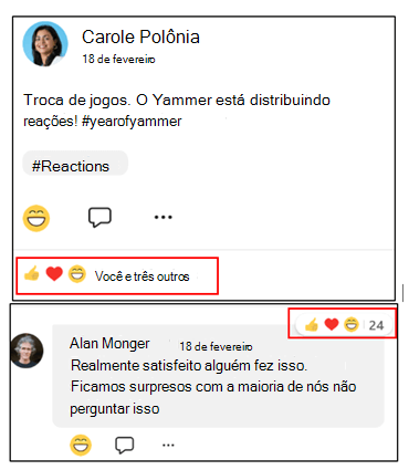 Captura de tela mostrando como ver quais conversas têm mais reações no Yammer Mobile