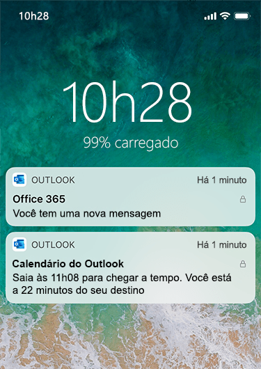 Uma imagem que mostra a tela de bloqueio de um iPhone com notificações do Outlook sem nenhuma informação detalhada, apenas que uma nova mensagem foi recebida.