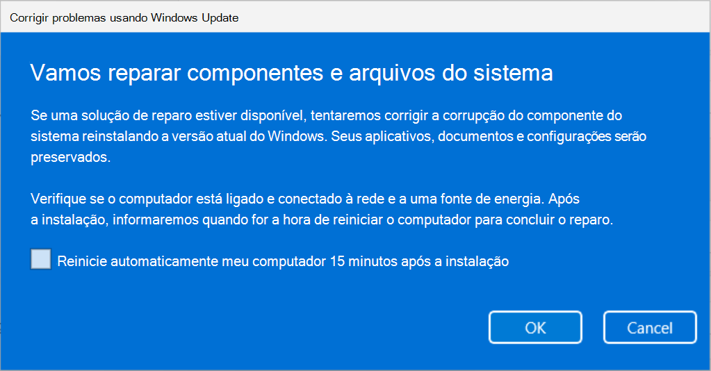 Captura de tela de Corrigir problemas usando Windows Update explicando que os componentes e os arquivos do sistema serão reparados com Windows Update.