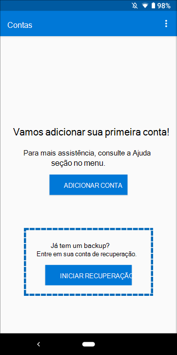 Aplicativo Microsoft Authenticator, mostrando onde selecionar Iniciar recuperação