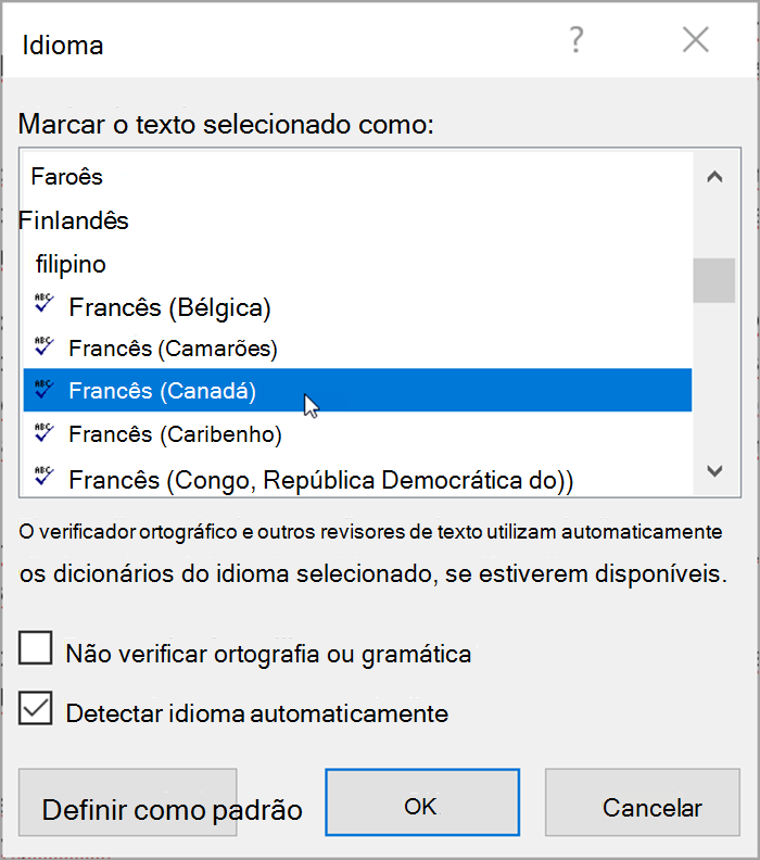 Captura de tela do Word. O pop-up lista os idiomas que podem ser selecionados. "Detectar idioma automaticamente" está marcado. 
