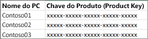 Exemplo de uma lista de chaves de produto de duas colunas.