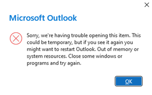 Erro do Outlook ao abrir sessenta e-mails