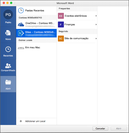 A caixa de diálogo abrir arquivo no Microsoft Word para Mac para Office 365