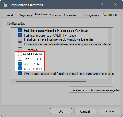 Captura de ecrã a mostrar as definições do TLS nas Propriedades da Internet