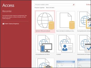 A tela de boas-vindas do Access mostrando os botões da caixa de pesquisa de modelos, do aplicativo da Web personalizado e do Banco de dados do desktop em branco.