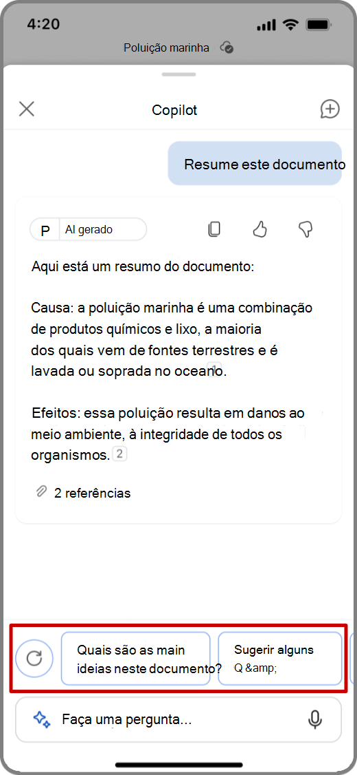 Captura de tela do Copilot no Word em um dispositivo iOS com o resultado resumido e as perguntas sugeridas realçadas