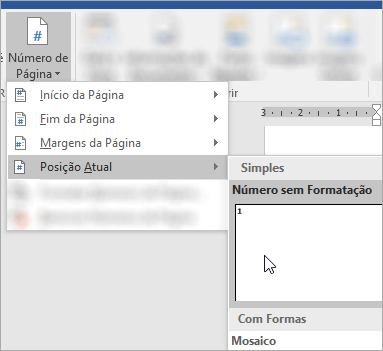 Captura de tela que mostra a escolha do número da página de formato simples na posição atual no documento