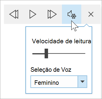captura de tela da barra de ferramentas de opções de voz da leitura avançada O mouse passa sobre as configurações revelando uma alternância para a velocidade de leitura e o menu suspenso para seleção de voz