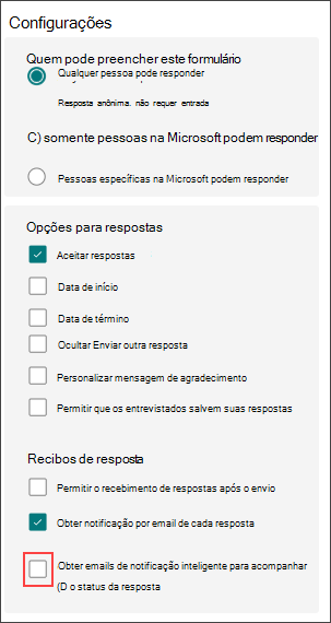 Configurações do formulário para lembretes inteligentes