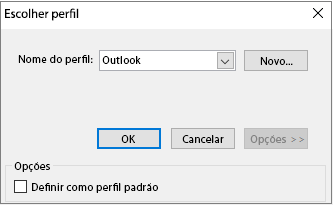 Aceitar a configuração padrão do Outlook na caixa de diálogo Escolher Perfil