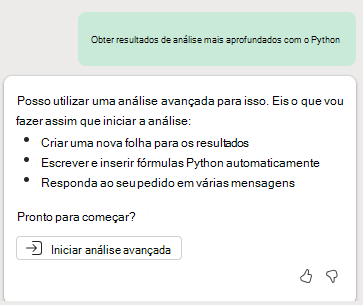 Captura de tela mostrando o prompt iniciar uma análise avançada com Copilot no Excel com Python.